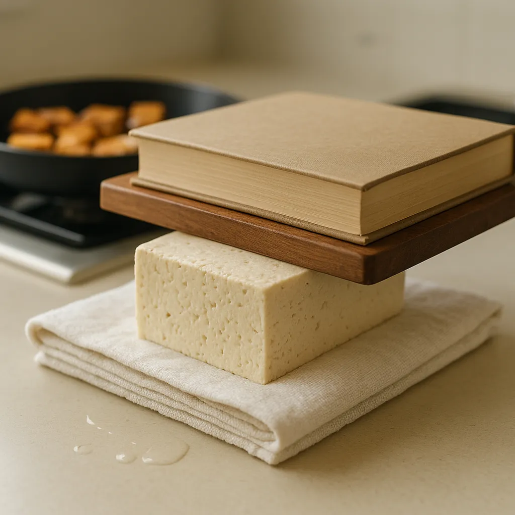 Ein Tofublock unter Brett und Buch gepresst, daneben ausgetretenes Wasser, im Hintergrund eine Pfanne mit goldbraunen Tofuwürfeln.