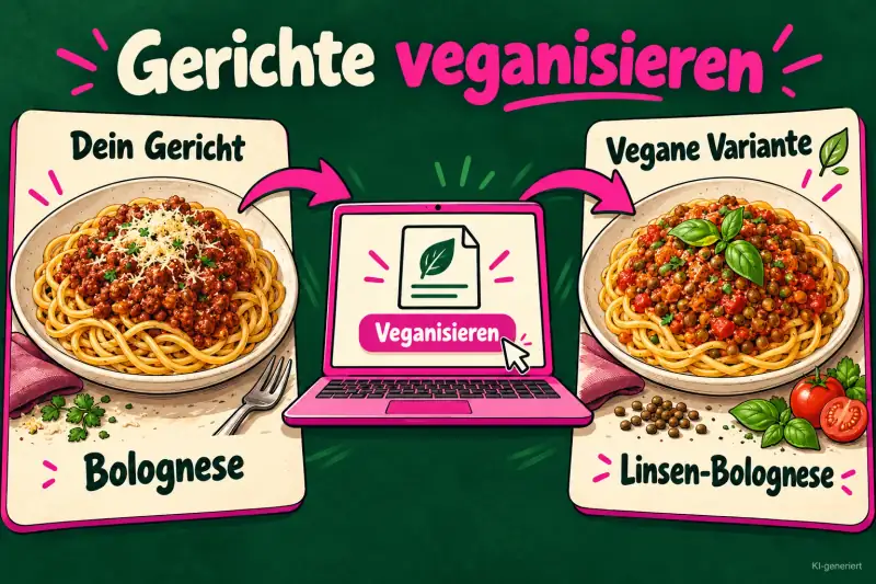 Links eine Bolognese mit Hackfleisch, rechts dieselbe Pasta mit Linsenbolognese; dazwischen ein Laptop mit der Schaltfläche „Veganisieren“.