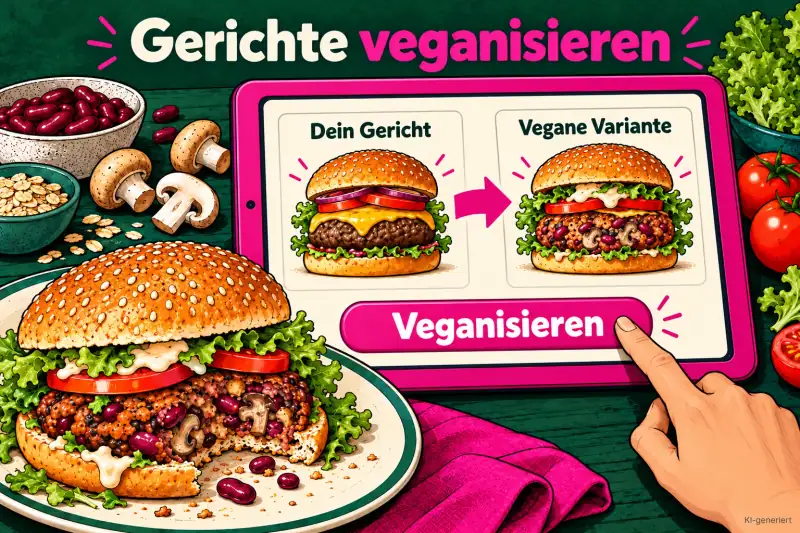Ein Tablet zeigt links einen Cheeseburger, rechts denselben Burger mit einem Bratling aus Bohnen und Pilzen; davor liegt der fertige vegane Burger.