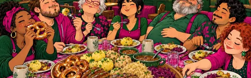 Eine Tafel voller Menschen isst von einer grossen Platte mit Braten, Würsten, Knödeln und Kraut.